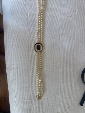 Signed SAL faux Pearl Triple-Strand Necklace with Black Enamel & Gold Accent